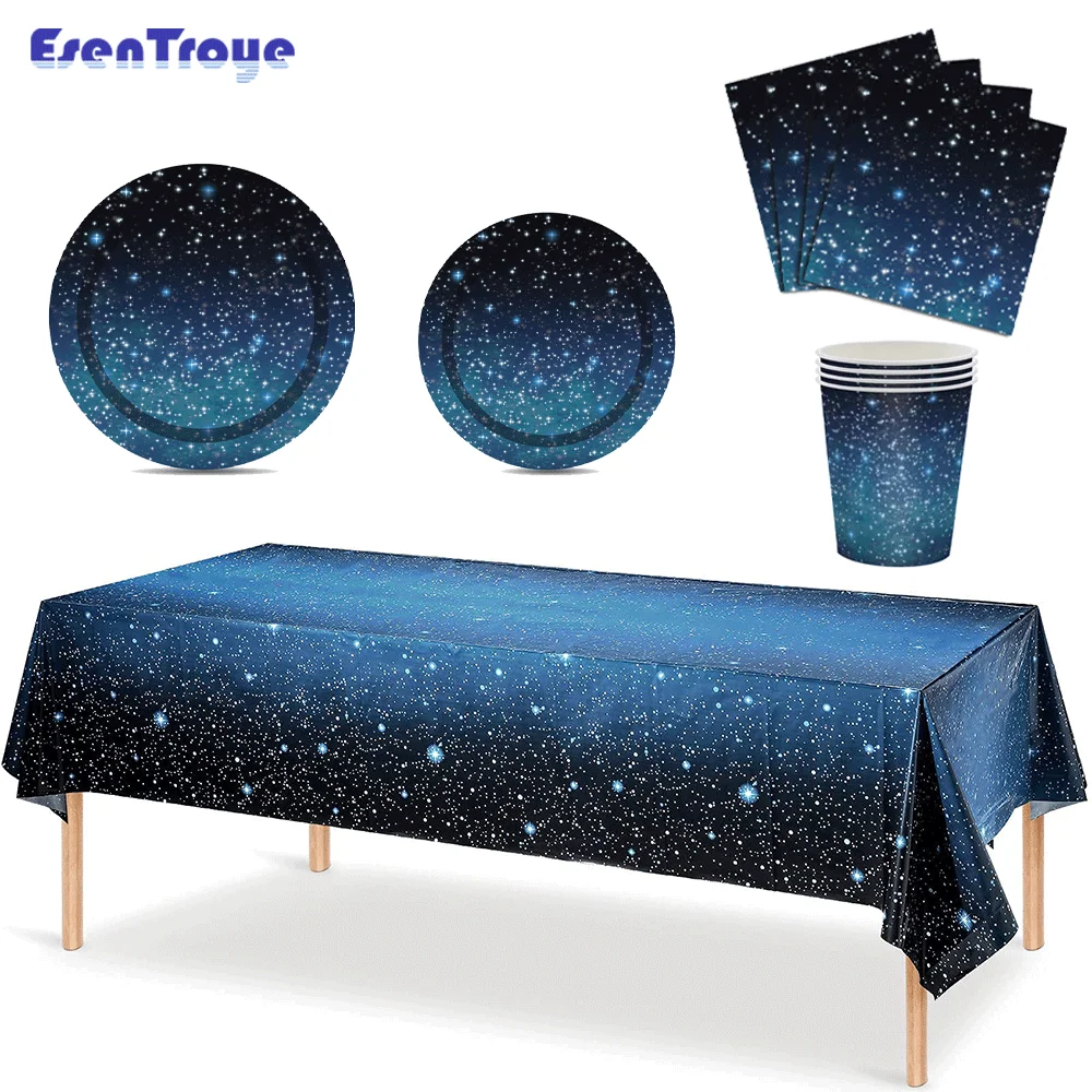 Juego de vajilla de noche estrellada para fiesta de galaxia, decoraciones de mesa de cumpleaños, servilletas de placa de papel, Sistema Solar,