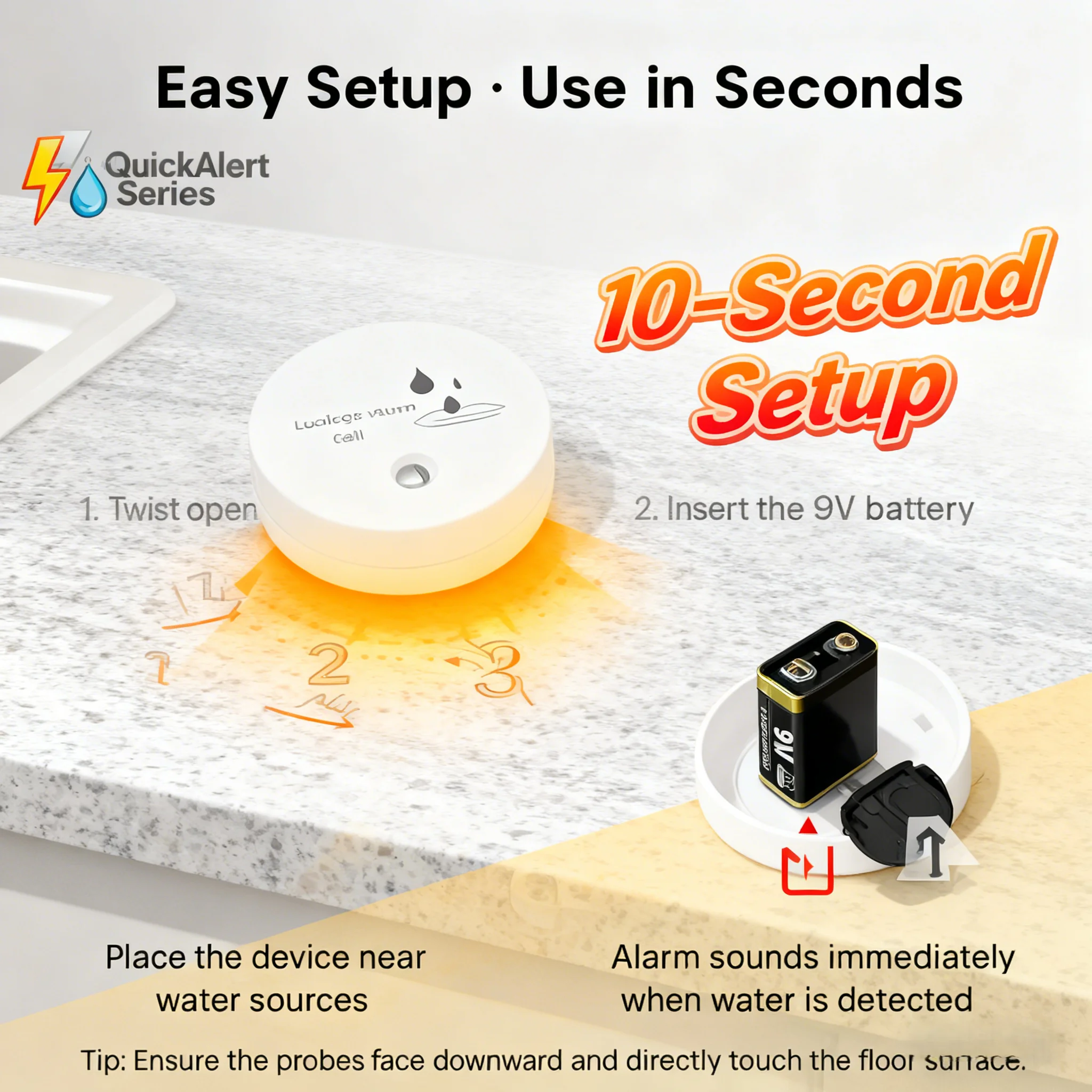 Low False Alarm 90dB Water Leak Alarm, 9V Battery 0.5s Instant Detection, Triple-Probe for Home Safety Protection