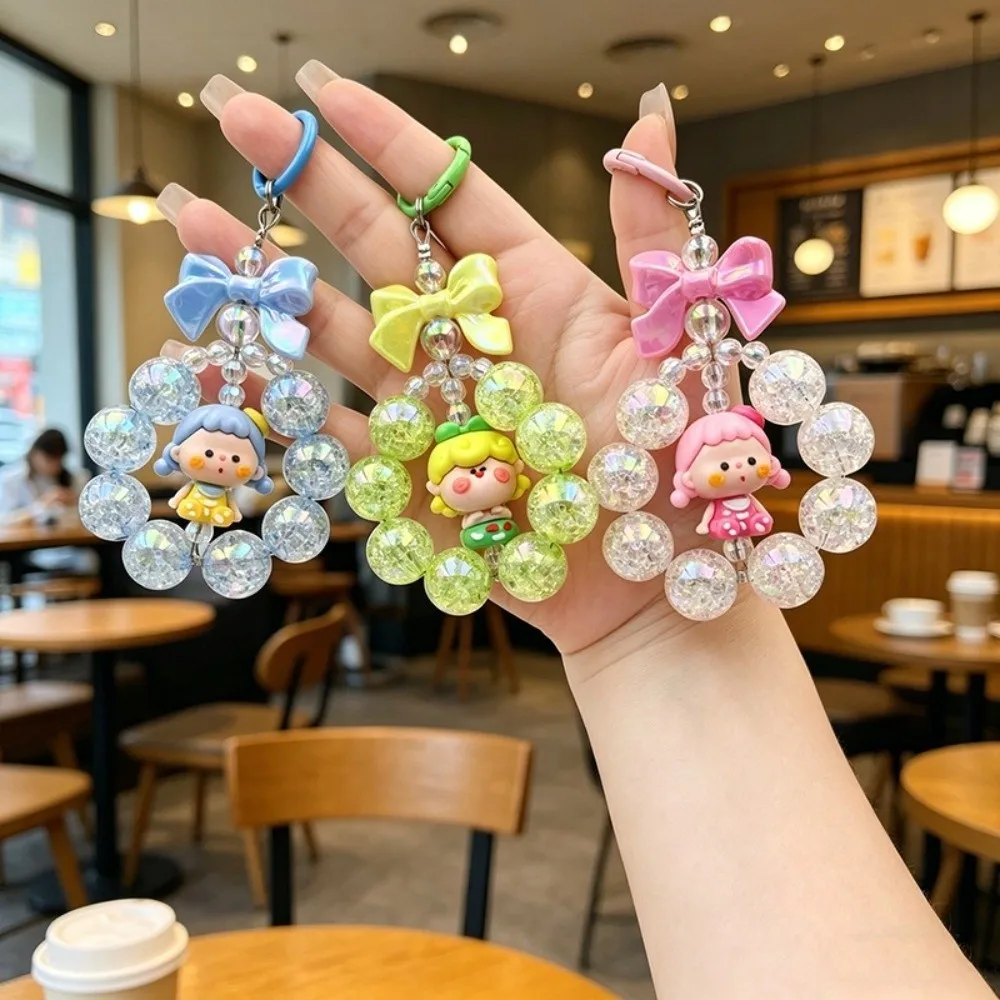 Cute Candy Color Color Beaded Keychain Portable Creative Mobile Phone Lanyard Cartoon Backpack Pendant for Women