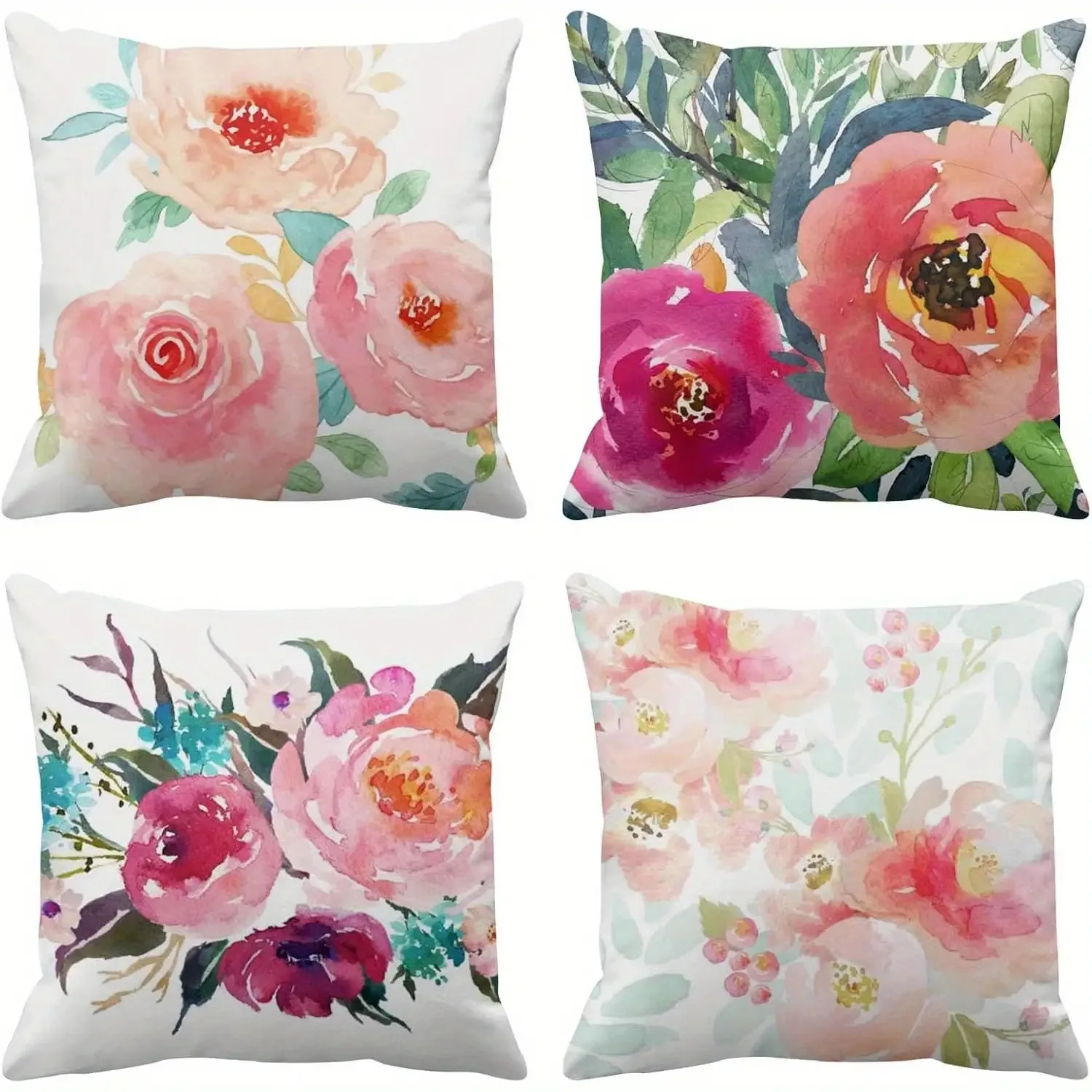 Blush Pink Watercolor Floral Pillow Covers, Peony Rose Decorative Throw Pillow Cases, Boho Home Decor for Sofa Bed, No Insert