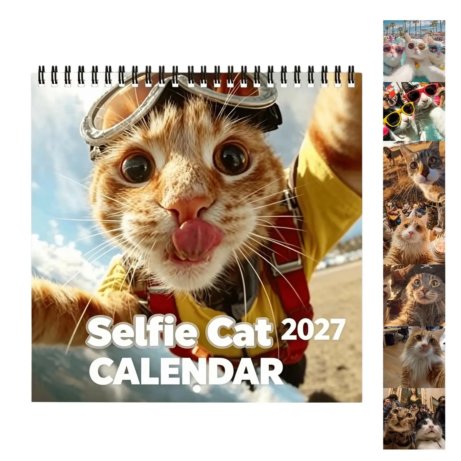2027 Cat Theme Calendar Funny Selfie Cat Thick Paper Monthly Planner Cute Illustrations Cat Wall Decor For Home Office School