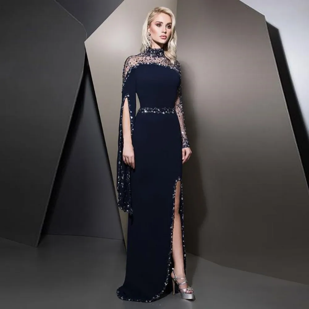 Arabic Evening Dresses High Neck Beaded with Rhinestones Cape Sleeves Side Split Formal Prom Party Gown Black Mother Dress