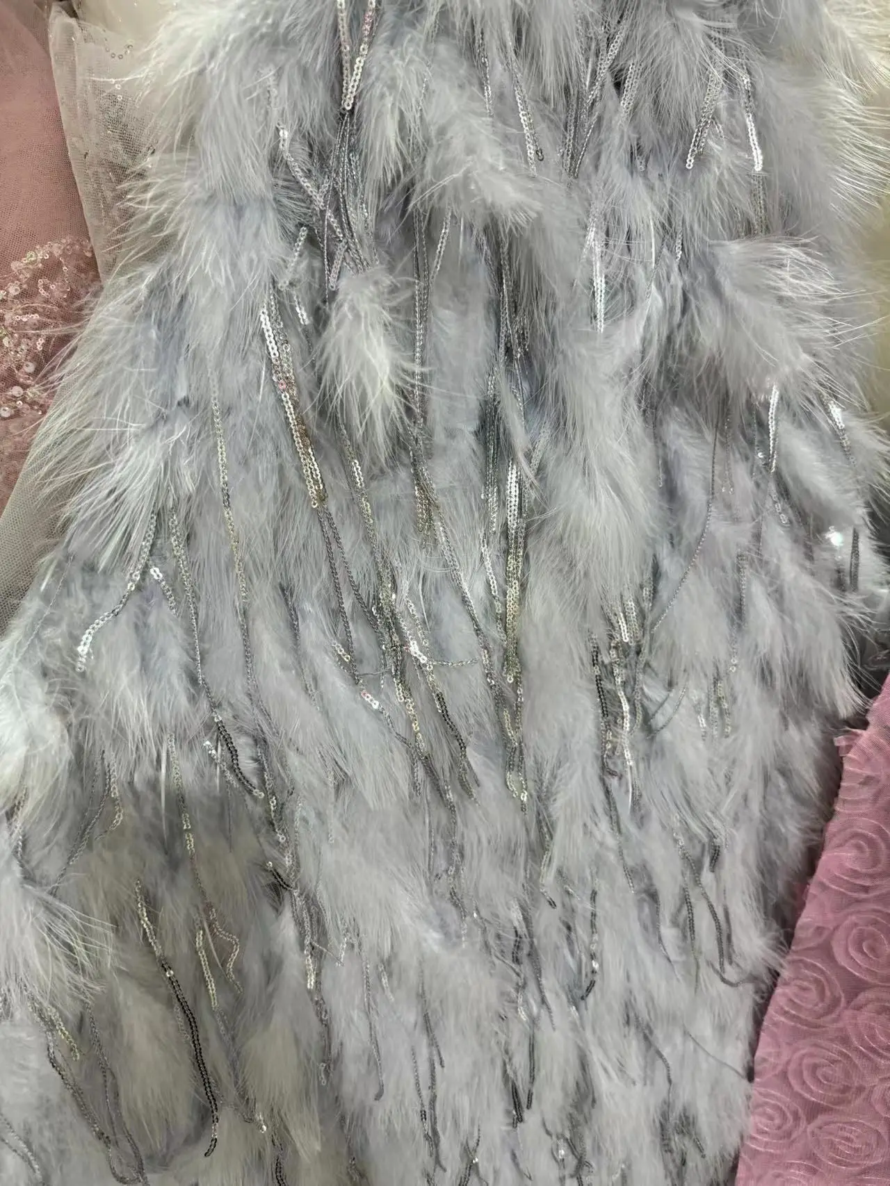 9 Colors High Quality Ostrich Feather Shinny Embroidered Sequin Crystal Tassel Fabric French Tulle Party Evening Dress Material