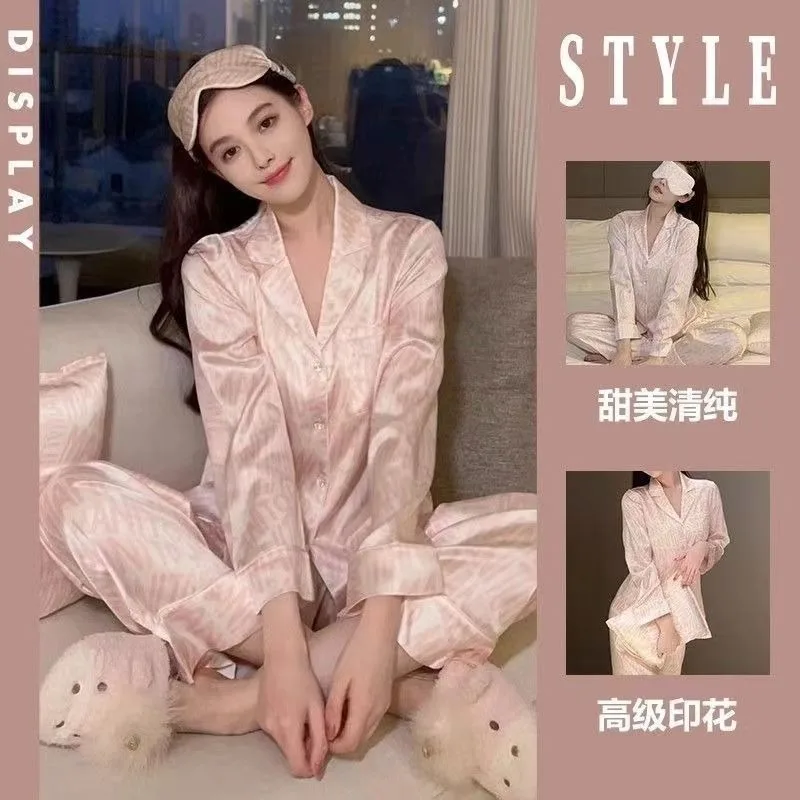 Temperament Girls Long Sleeve Home Suit Sleepwear Spring Autumn High Appearance Level New Ice Silk Loose Simple Pajamas