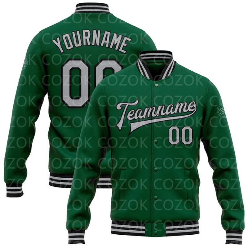 

Custom Green Gray 3D Printed Baseball Button Jacket Bomber Full-Snap Varsity Letterman Jacket