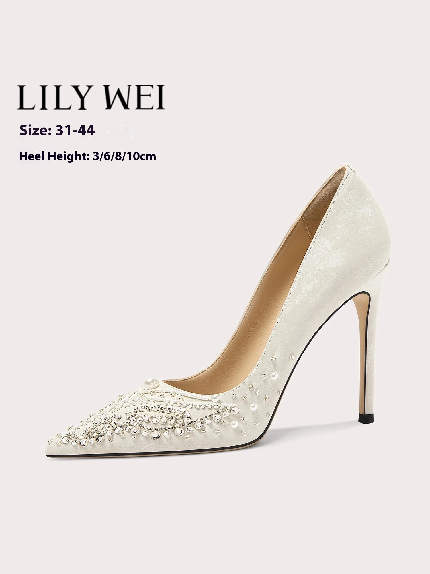 

Stiletto heels spring pointed toe shallow saliva diamond pearl sequin wedding shoes banquet large size small size women's shoes