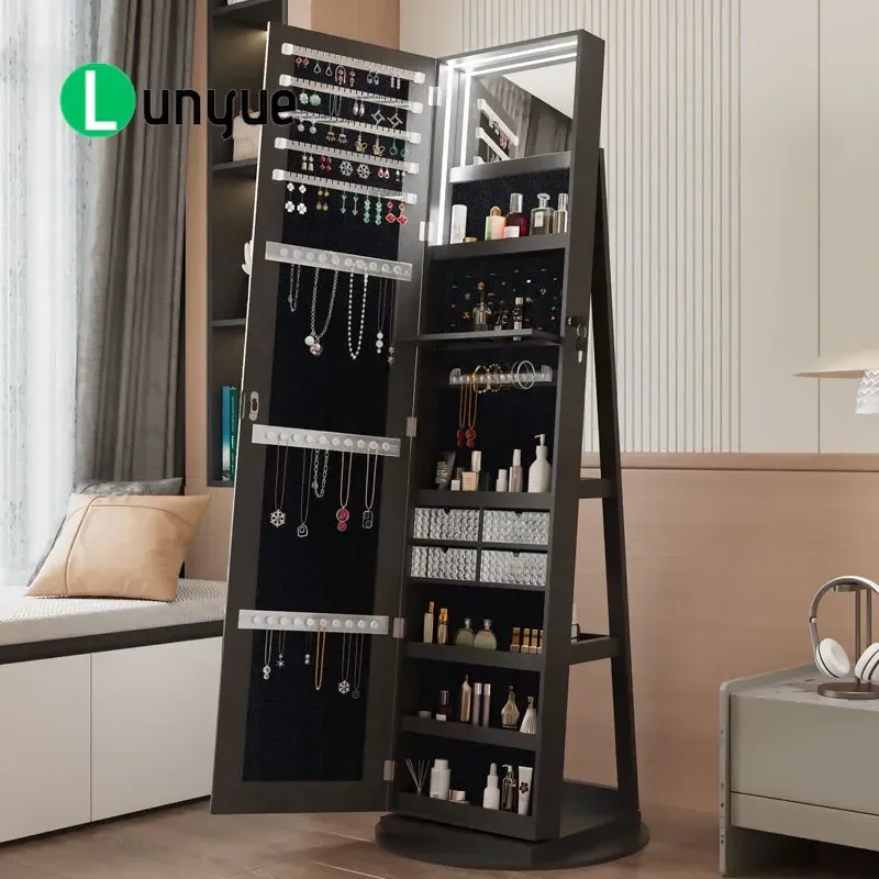 360 Degree Rotating Jewelry Cabinet with LED Light Floor to Ceiling Full Body Mirror Cosmetics Storage Fitting Room Organizer