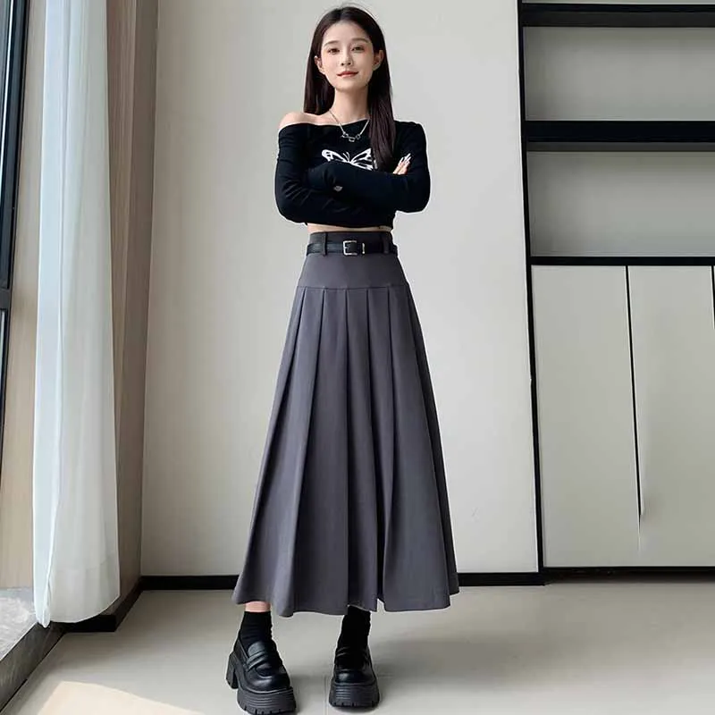 Moda feminina saias plissadas de cintura alta cor sólida versátil grande balanço maxi saia estilo preppy a linha saias de comprimento médio