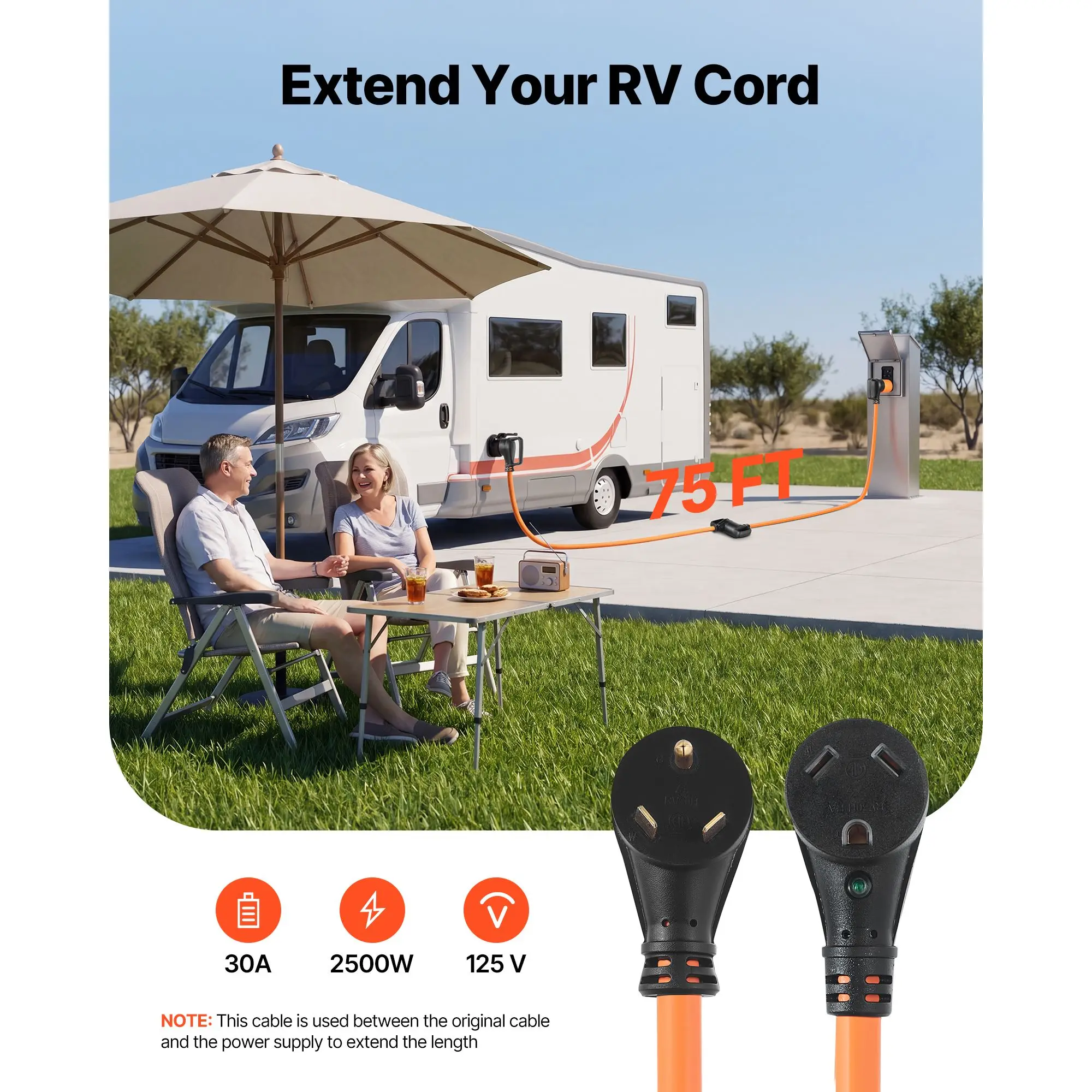 30 Amp 75 Feet RV Extension Cord, 125V 2500W, Heavy Duty 10/3 Gauge STW RV Power Cord, NEMA TT-30P to NEMA TT-30R, with Power Indicator, Cord Organizer, 15A Adapter, for Camper Travel Trailer