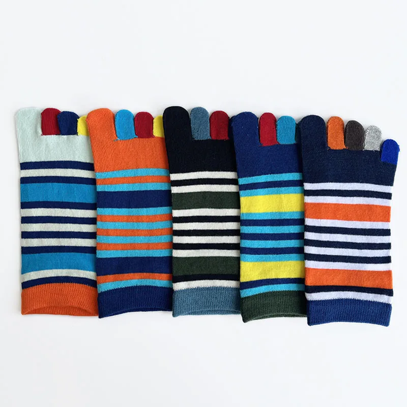 5 Pairs/Lot Man Five Finger Ankle Socks Cotton Colorful Striped Mesh Breathable Compression Young Fashion Boat Toe No Show Socks