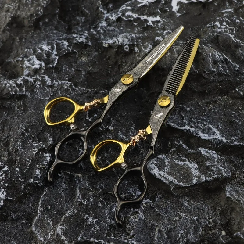 NEPURLSON 6.0-inch JP440C black and gold Damascus pattern hair scissors - straight cut, toothed cut  right-hand scissors