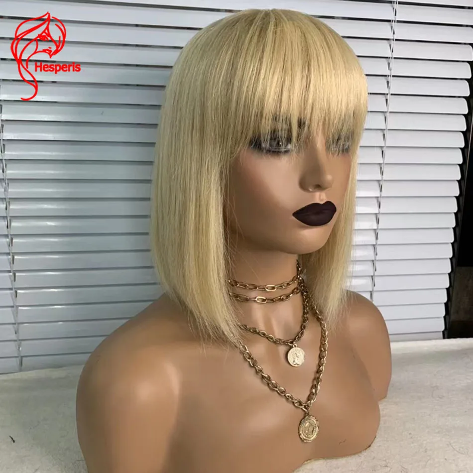 

Hesperis 12 Inch Short Bob Human Hair Wig With Bangs No Lace Full Machine Made Wear And Go Wig 613 Blonde Bob Cut For Women