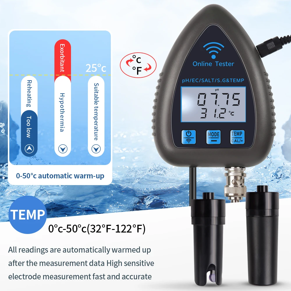 Bluetooth 5 em 1 testador de qualidade da água tds ec sal s.g.temp medidor de ph detector de água digital para aquários piscina plugue da ue