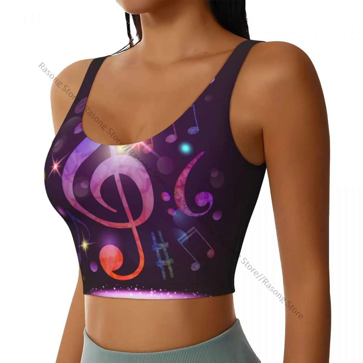 Yoga Vest Women Gym Sports Crop Tops Colorful Music Note Purple Print Streetwear Workout Breathable Tank Top Female