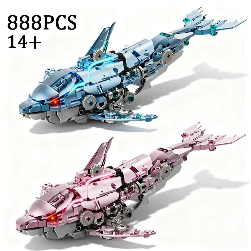 888 قطعة مكعبات بناء دولفين ميكانيكية إبداعية باللونين الأزرق والوردي يمكن أن تضيء لعبة الطوب البناء هدية للأطفال والكبار #1