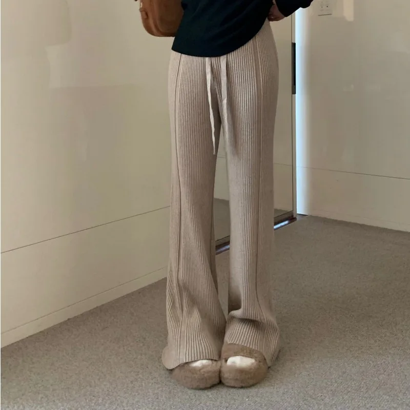 Women's Solid Color Knitted Pit Stripe Wide-leg Pants, Autumn and Winter New High-waisted Drawstring Loose Design Casual Pants,