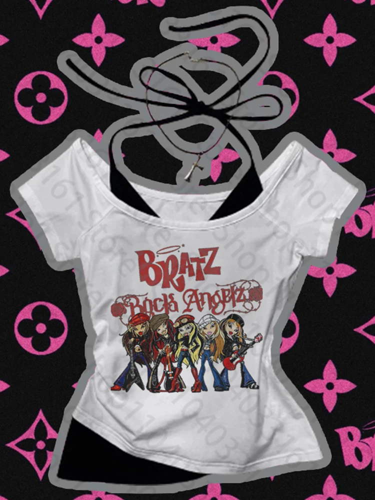 American Vintage Fake Two Piece Halter Lace Up T-shirts Y2k short sleeved T-shirt Women Off Shoulder Tee summer sweet girl