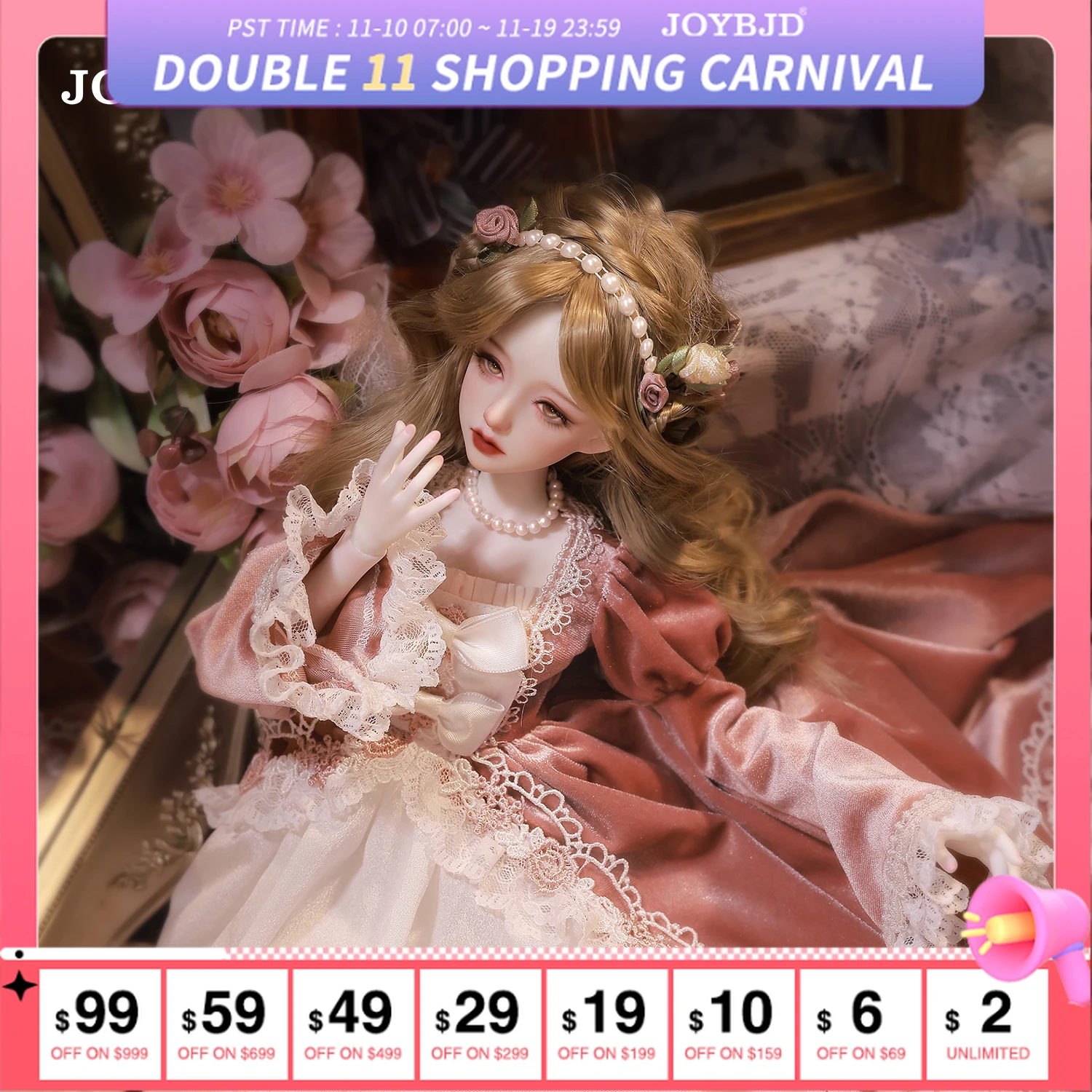 

JOYBJD Lvy 1/4 BJD Fantasy Elf Doll European Medieval Rococo Style in Plush Pink Suede Dress Complete Full Set Gift