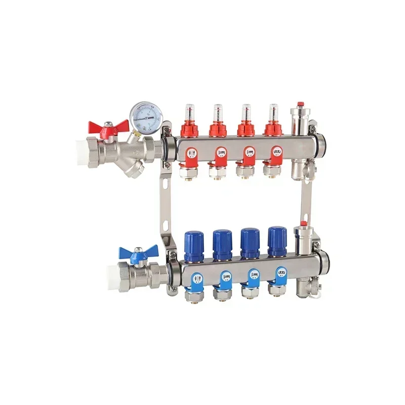 Adjustable stainless steel manifold kit for underfloor heating with flow meter, including 3/4' x Φ16mm or 3/4' x Φ20mm adapters.