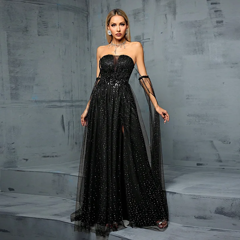 Strapless Evening Dress Sexy Elegant Sequin Shining Prom Dress Spaghetti Strap Birthday Party Dresses For Banquet Cocktail