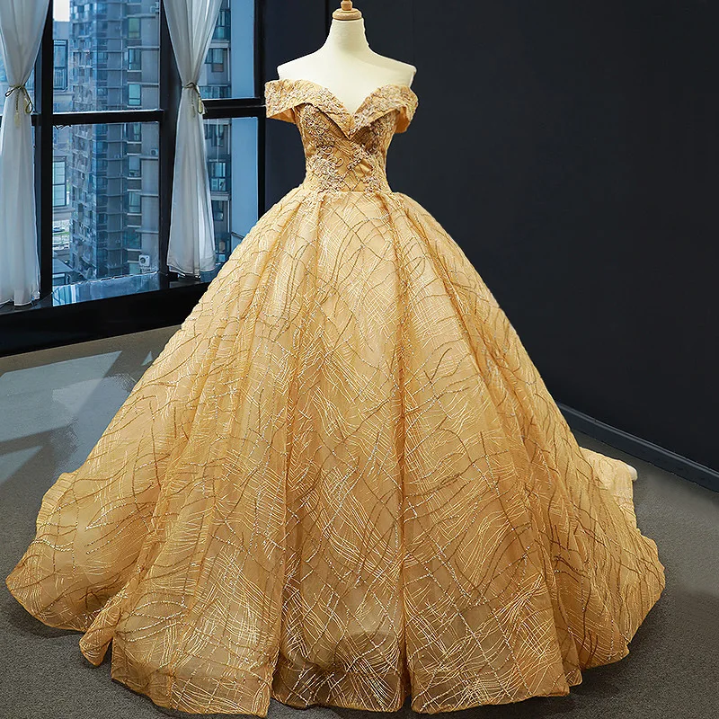 Elegant Women Ball Gown Dress Flower Embroidery Beaded Sequin Formal Evening Party Sexy Wedding Dress Off the Shoulder Trailing