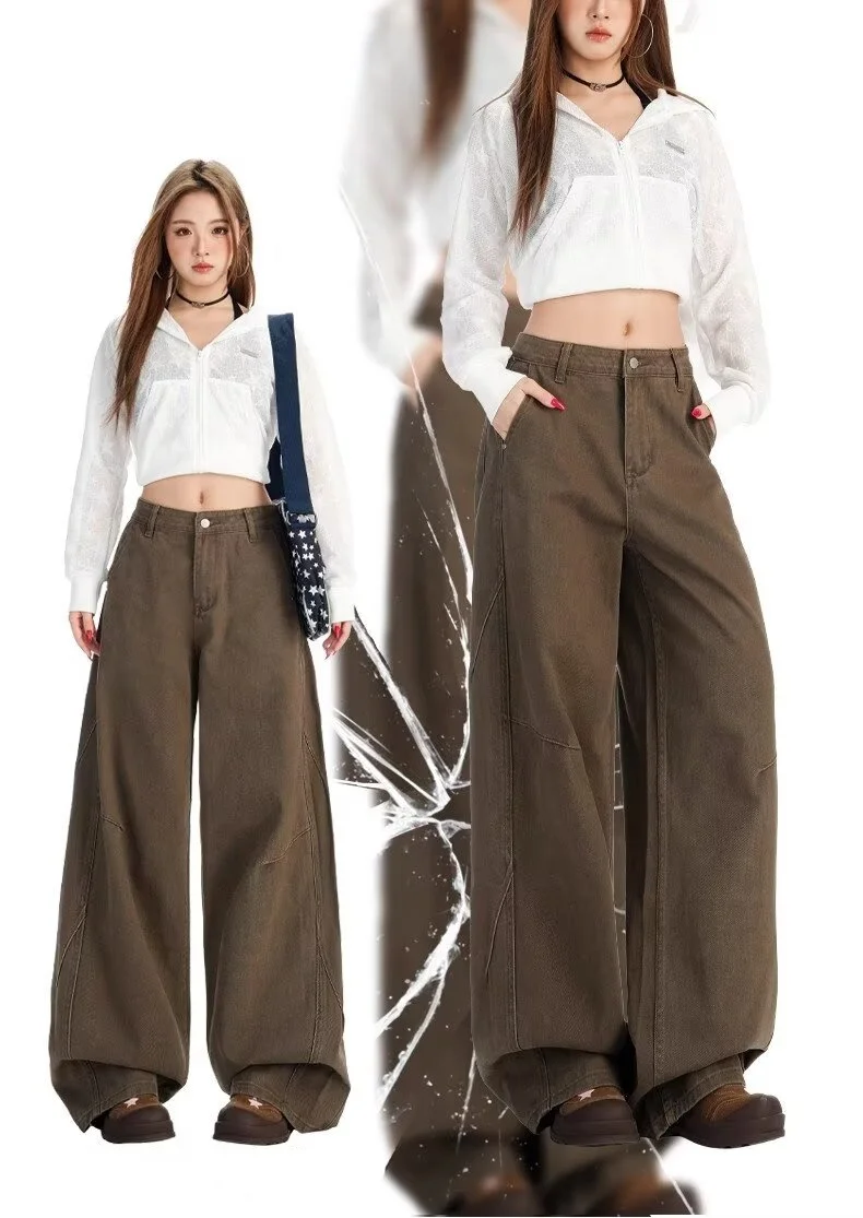 

Versatile American retro silhouette curved knife brown jeans suitable for both men and women deconstructed wide leg banana pants
