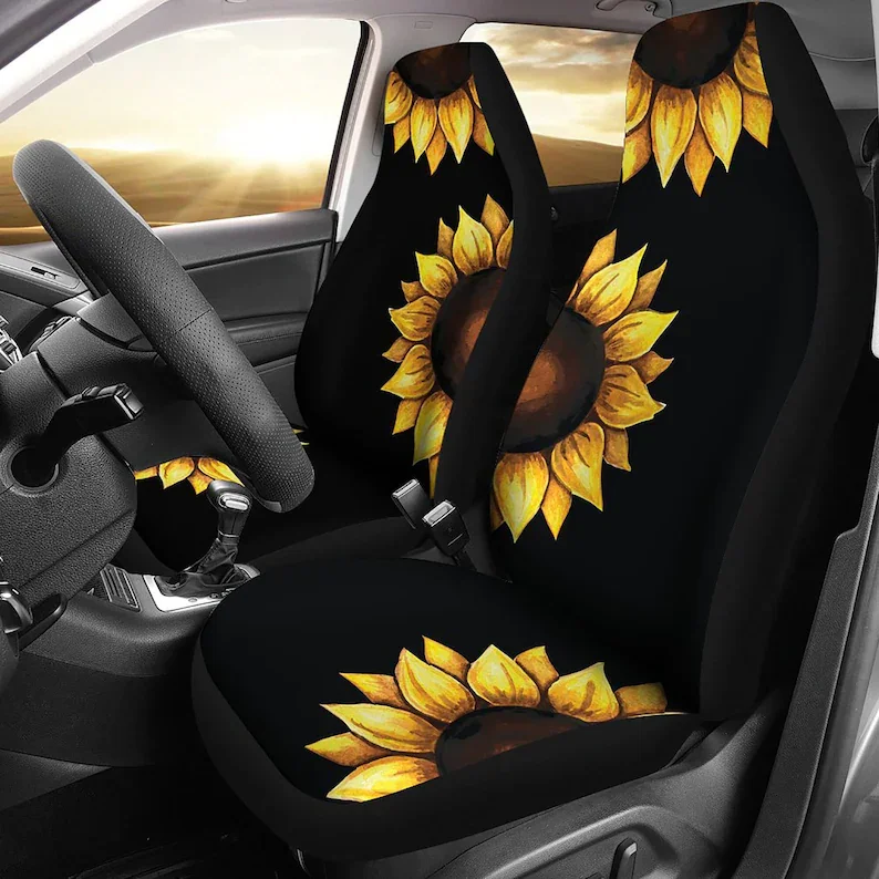 

Sunflower Car Seat Covers Large Sun Flowers on Black Set of 2 Car Accessories Country, Boho Seat Protectors Universal Fit For Ca