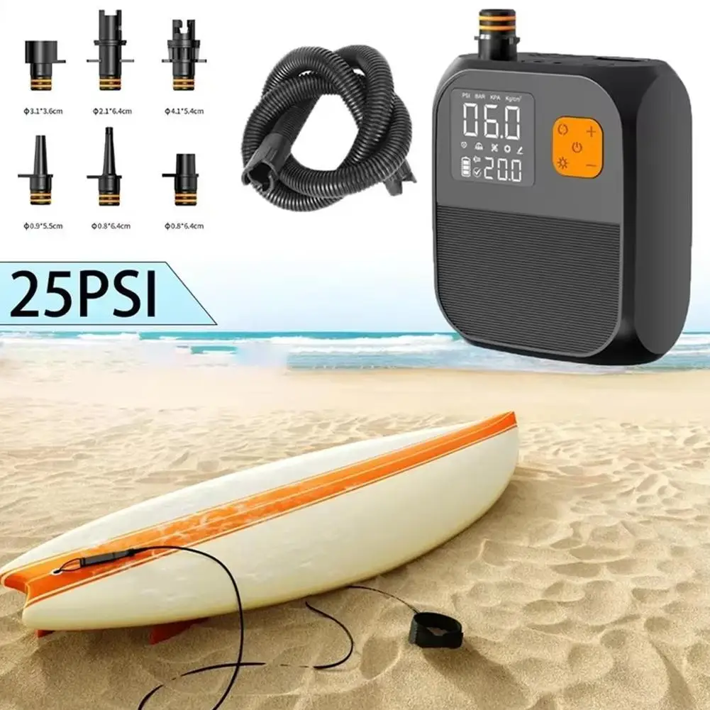 Portable Rechargeable SUP Air Pump 25PSI Digital Display Inflator Deflator Multi Nozzles For Kayak Boat Pool Float Outdoor Use