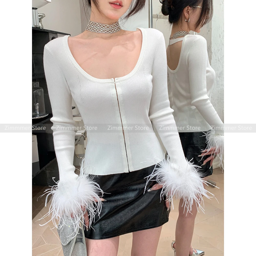 

Fashion Women's clothing 24 early autumn French niche ladies light luxury ostrich feather splicing U-neck wool cardigan