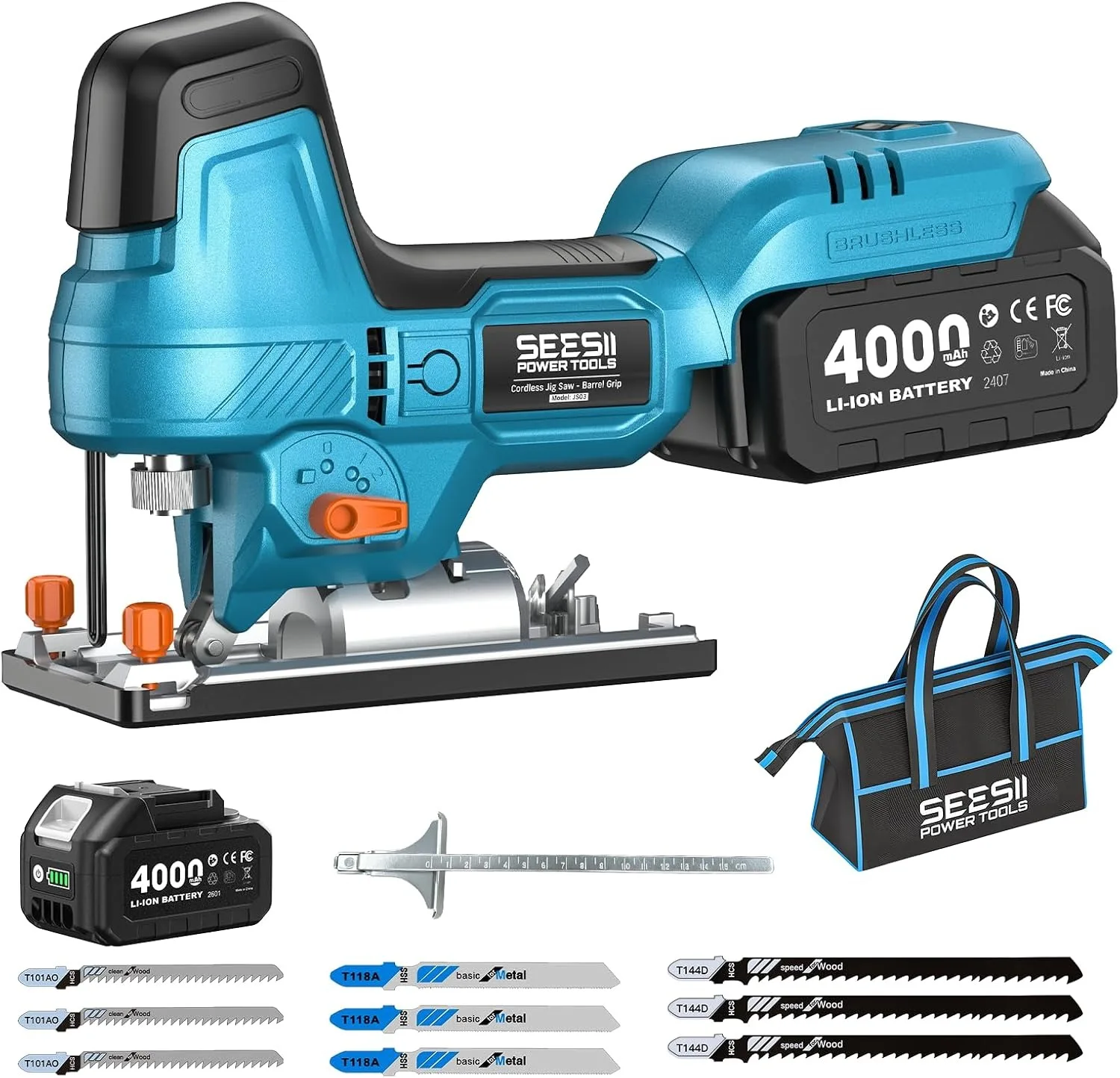 SEESII Cordless Jig Saw 3500 SPM Electric Saw 6 Speed Settings Jigsaw Barrel Grip 45 Degree Cutting Angle Jigsaw Woodworking Tools with 4.0Ah Battery