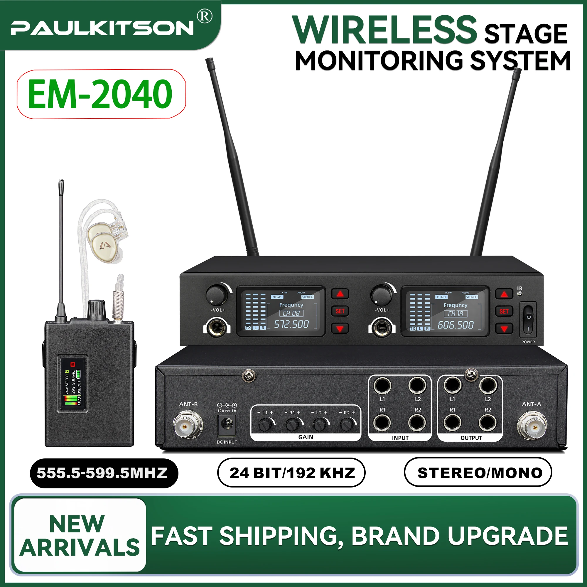 Paulkitson EM-2040 Kabelloses In-Ear-Monitoring-System 24BIT Stereo Mono Stabiles Signal Professionelles Outdoor-Konzert Live-Show