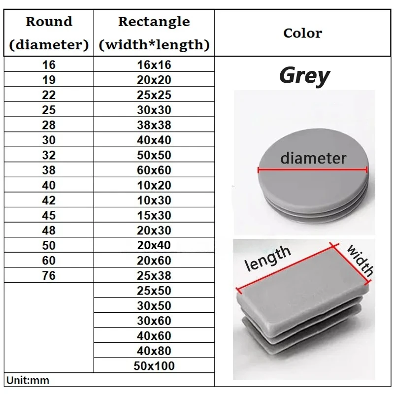 Gray PP Plastic Round/Square Tube Plug Blanking End Caps  Inner Plug Table and Chair Foot Pad Anti-slip