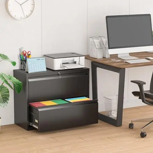 Lateral File Cabinet, 2 Drawer File Cabinet with Lock, Black Filing Cabinets for Home Office, Metal File Cabinet for