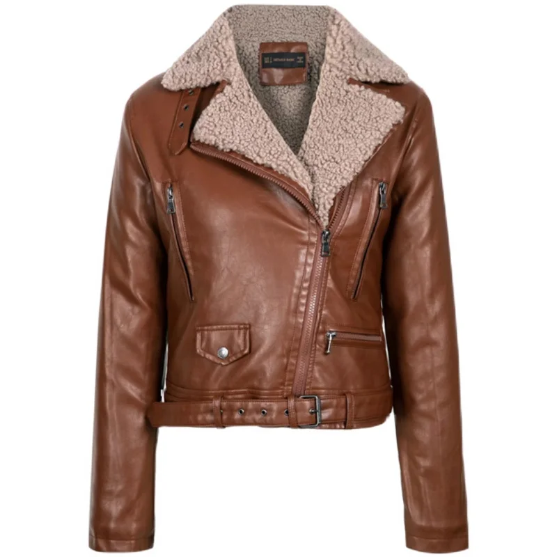 Thiened Lamb Fur Long Sve Leder Jaet Herbst Winter Neue Baumwolle Warm Faion Motorrad Reißverschluss Leder Jaet Street S...