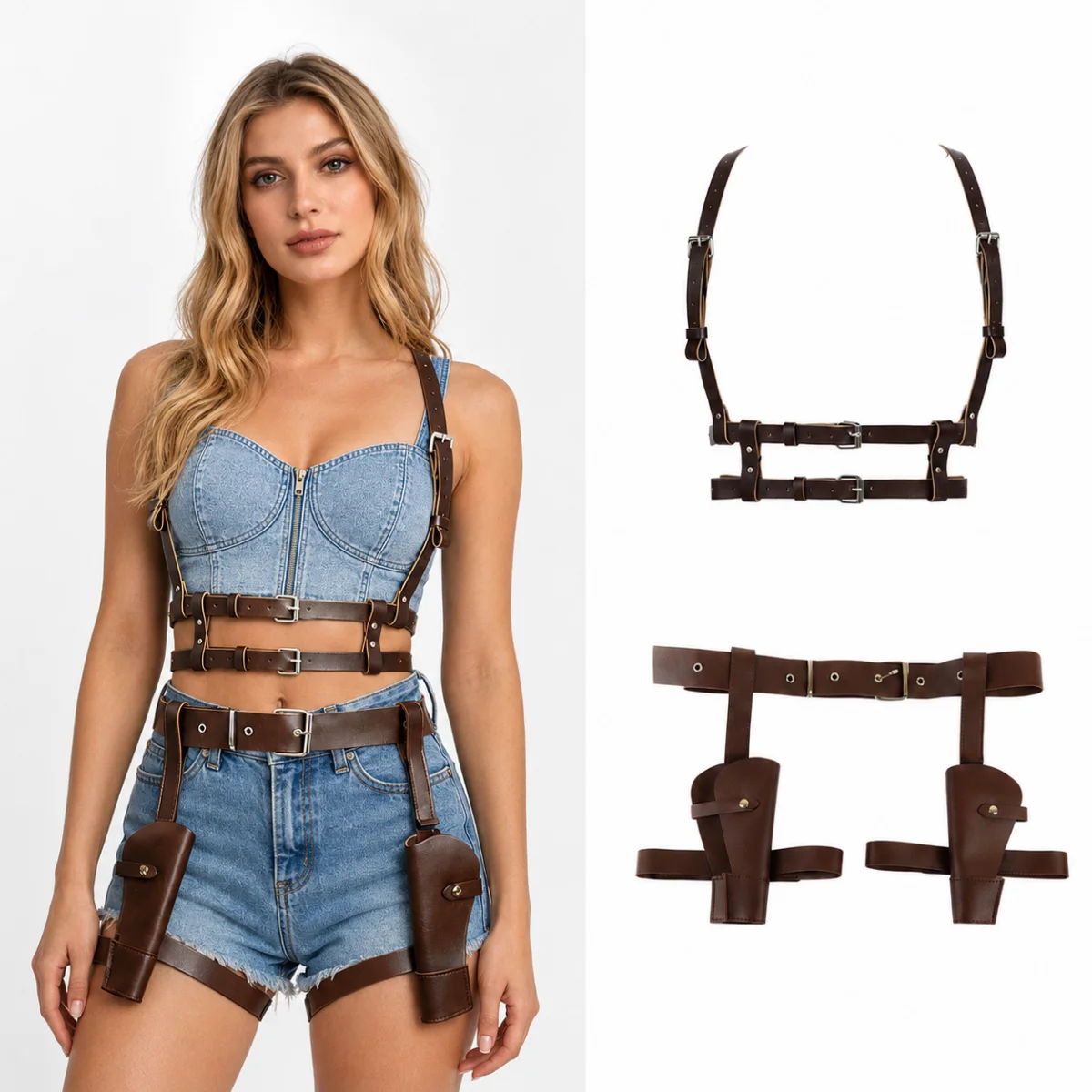 Women Faux Leather Set Steampunk Chest Harness Belt + Thigh Holster Medieval Pirate Cosplay Costume Accessories Halloween