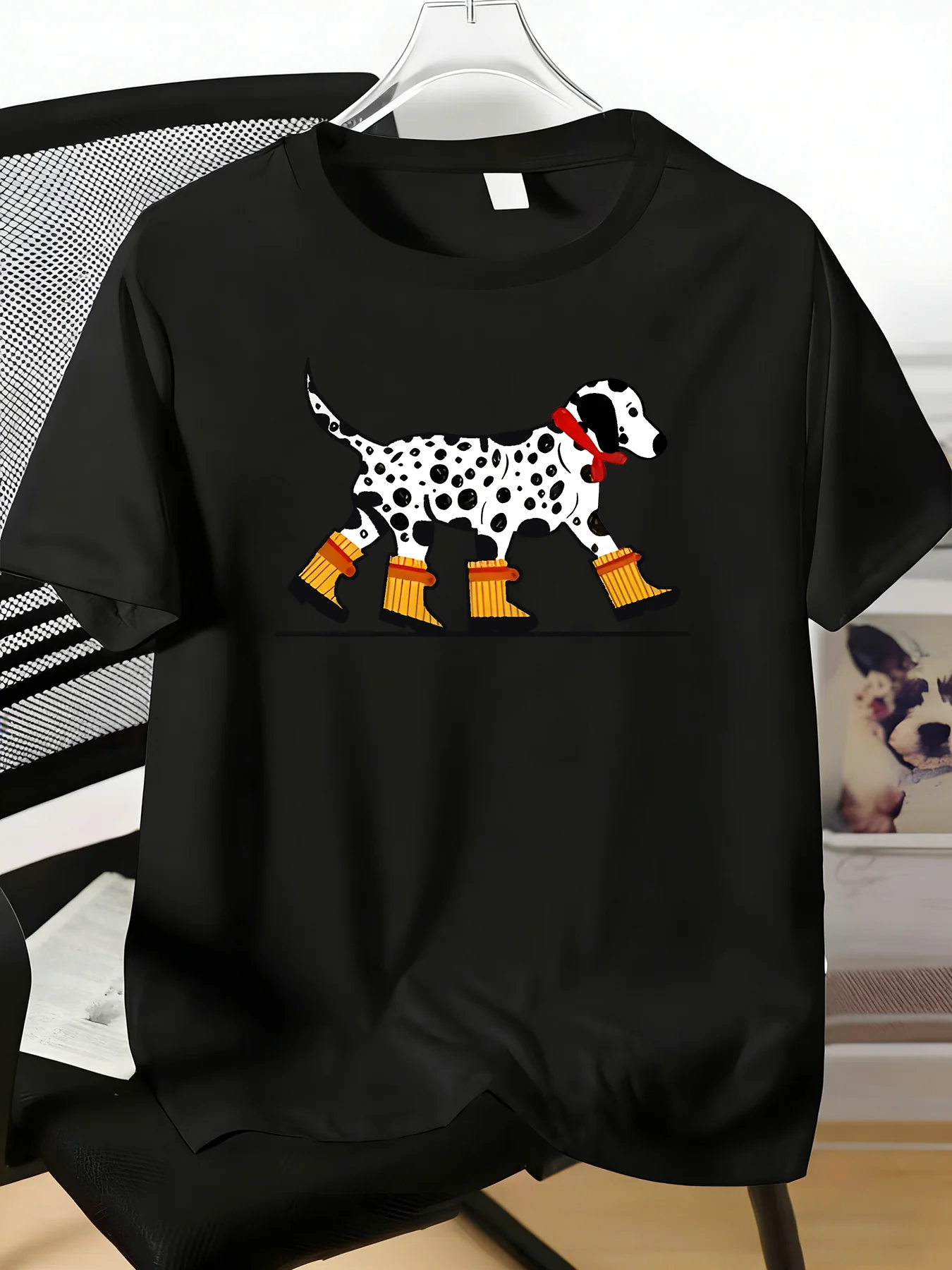 Funny Cartoon Dalmatian Dog With Yellow Rain Boot Mens Crew Neck Short Sleeve Soft Cotton Pet Lover Male Daily Summer Casual Tee