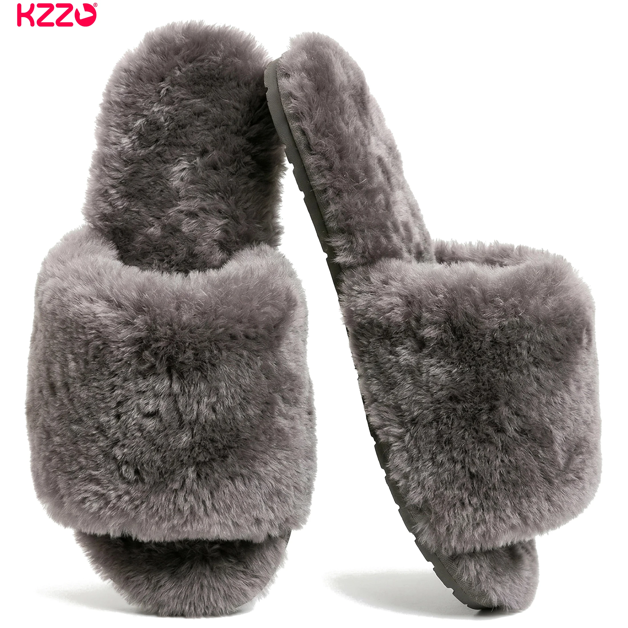 KZZO Australian Women's Genuine Sheepskin Fur Slippers Natural Wool Warm Winter Indoor Home Shoes Non-Slip Soft