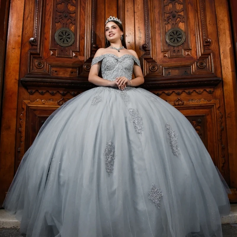 

Light Gray Shiny Ball Gown Quinceanera Dresses Applique Lace Beads Tull Corset Off Shoulder Sweet 16 Dress vestidos 15 de anos