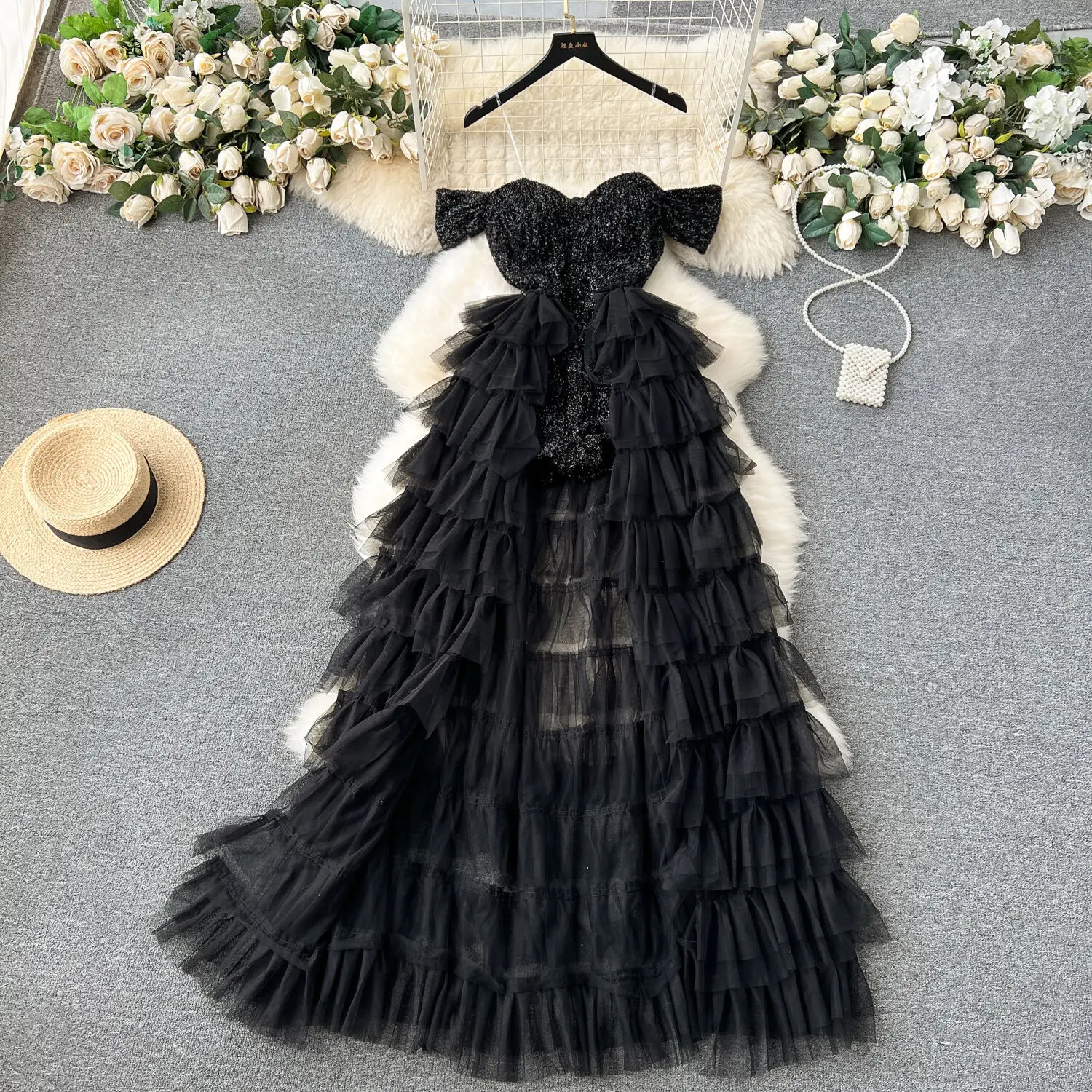 Foamlina Sexy Transparent Strap Off Shoulder Sequin Long Dress for Women Elegant Multi-layered Mesh Ruffles Evening Party Dress