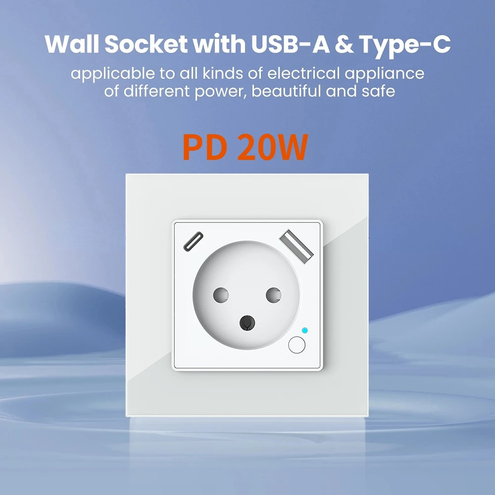 Shawader Tuya WiFi Smart Israel Wall Socket EU Power Plug Outlet USB Type-C PD 20W Charge Port for Iphone Alexa Dot Google Home