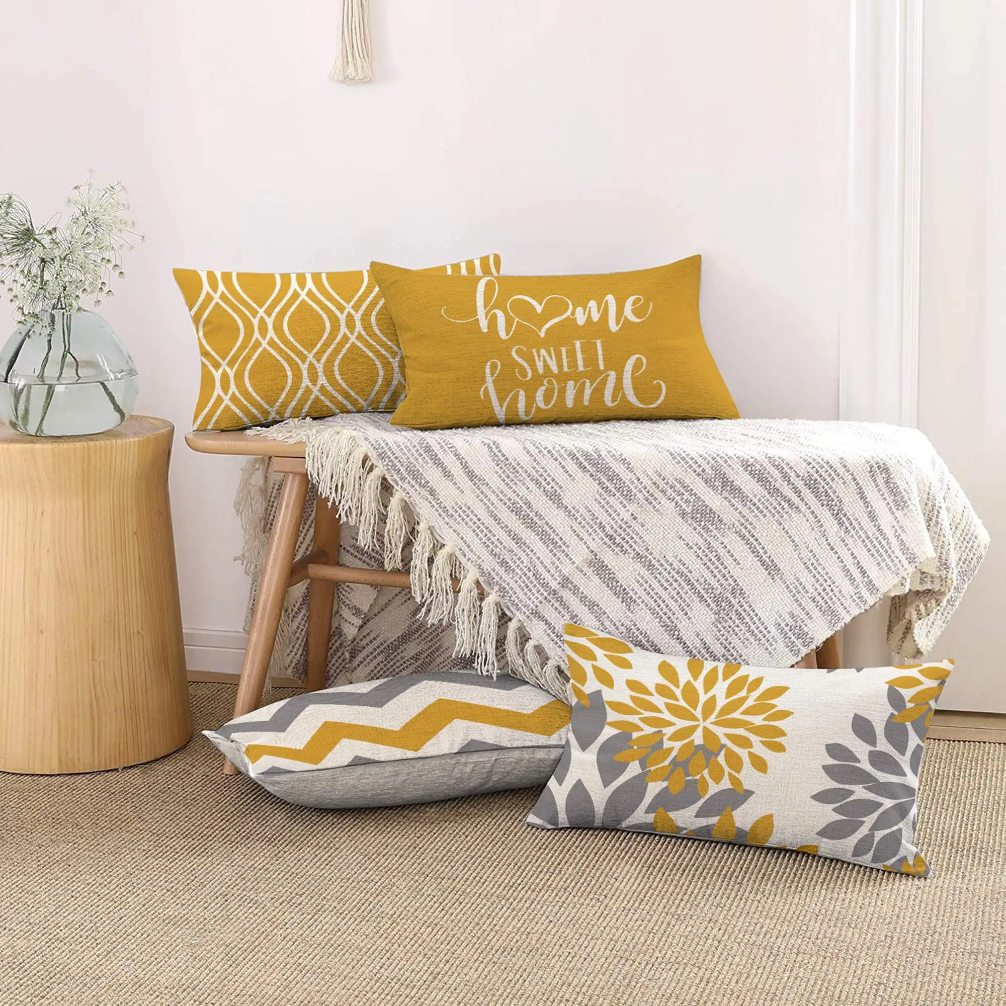 Yellow white geometric linen pillowcase sofa cushion cover home decoration can be customized for you 30x50 40x60