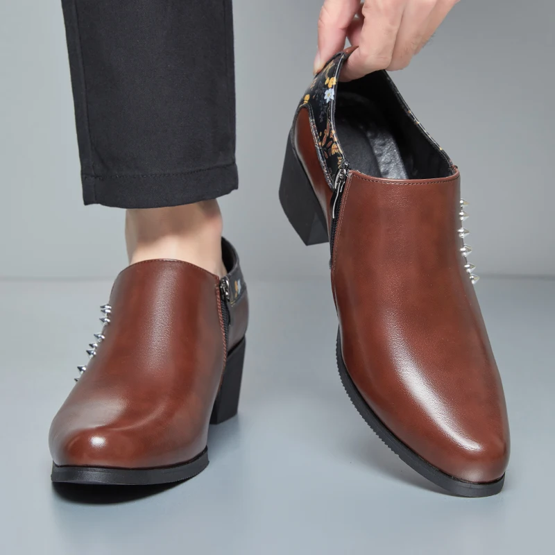 

Chinese Style Floral Branch Men High Heels with Rivets Side Zippers Breathable Fashion Host Banquet Cuban Shoes
