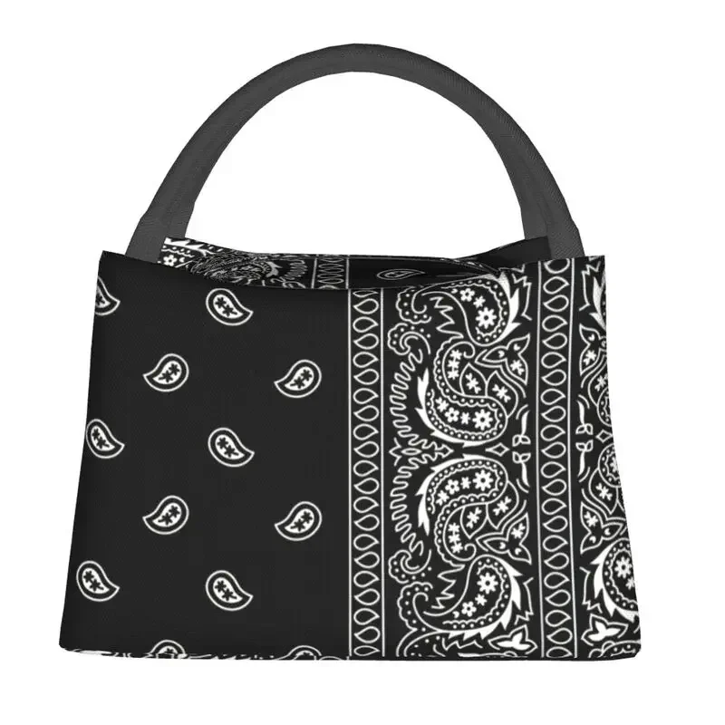 Black And White Paisley Chicano Bandana Style Thermal Insulated Lunch Bags Women Black And White Portable Lunch Meal Food Box