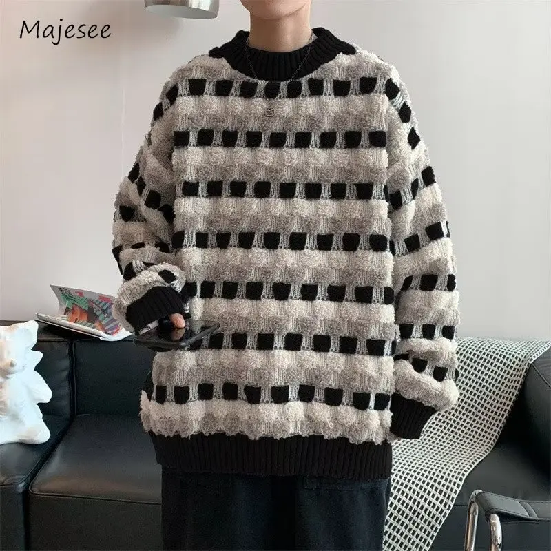 

Plaid Sweaters Men Unisex Popular Hipster American Style Contrast Color O-neck Autumn Winter Warm Pullovers Couple All-match