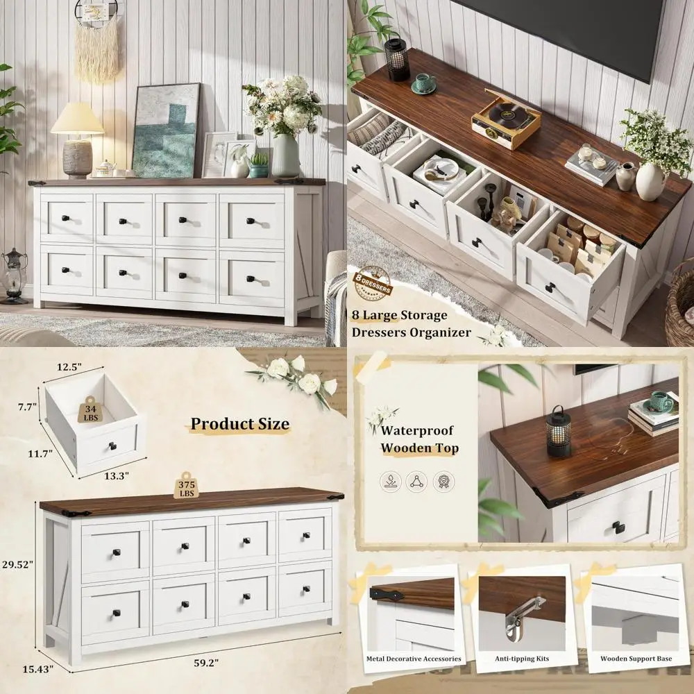 خزانة أنيقة على طراز المزرعة الخشبية ذات 8 أدراج للتلفزيون والتخزين في غرفة النوم أو المدخل أو المدخل