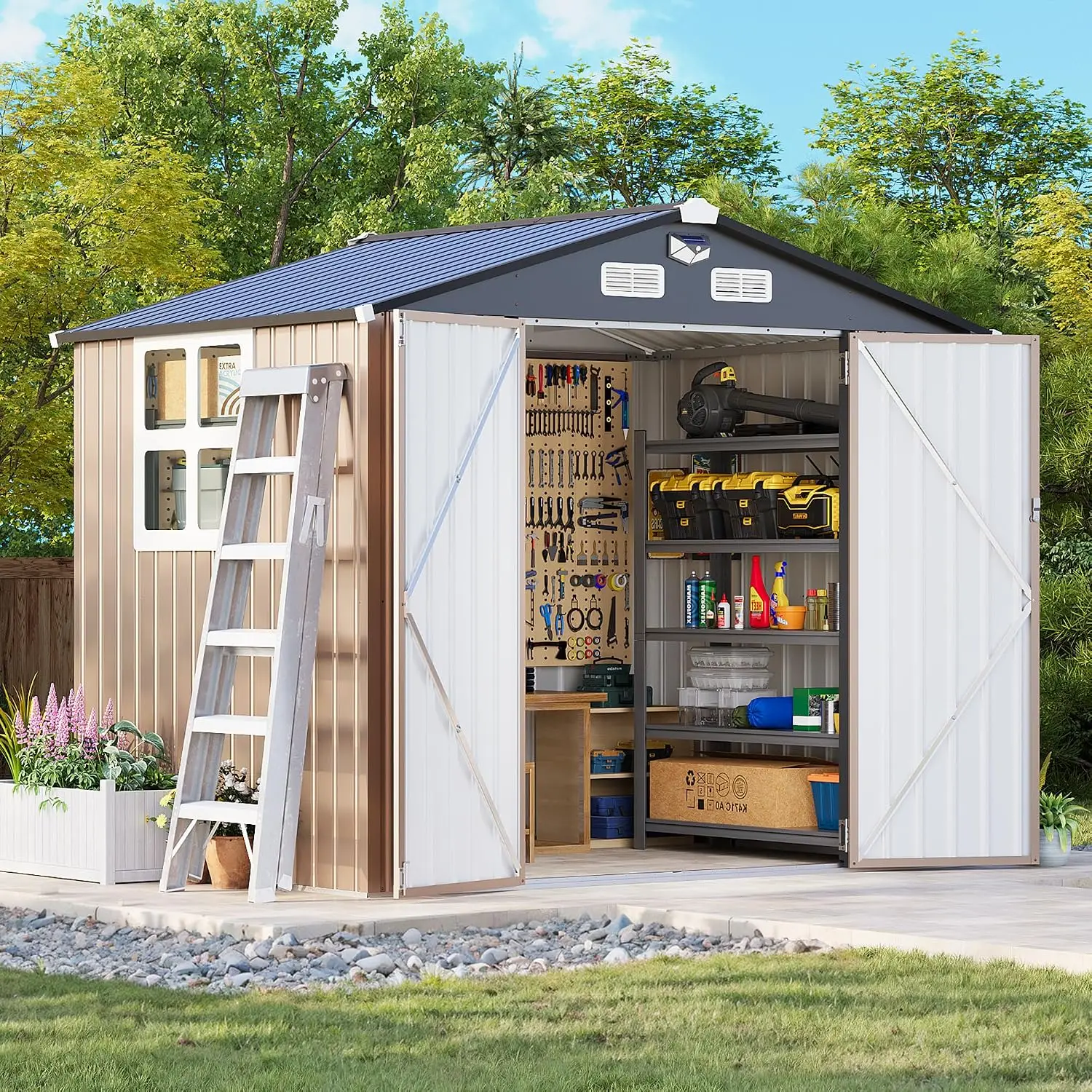 8 x 6FT Outdoor Storage Shed, Metal Garden Shed with Windows, Double Lockable Doors & Sloped Roof, Magnetic Solar Lamp, Waterpro