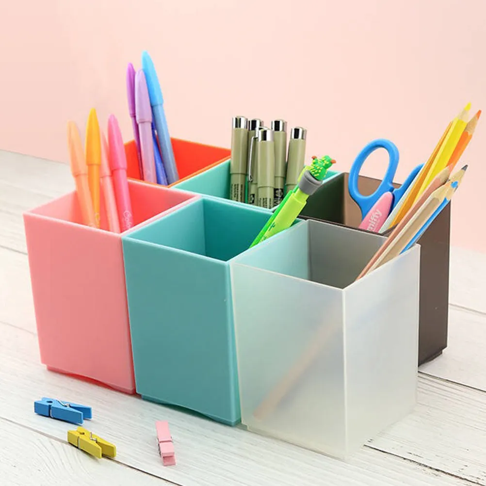 

2pcs Square Pen Holder Pencil Container Desktop Stationery Organizer Multiple-use Desk Organizer for School Office (Pink)