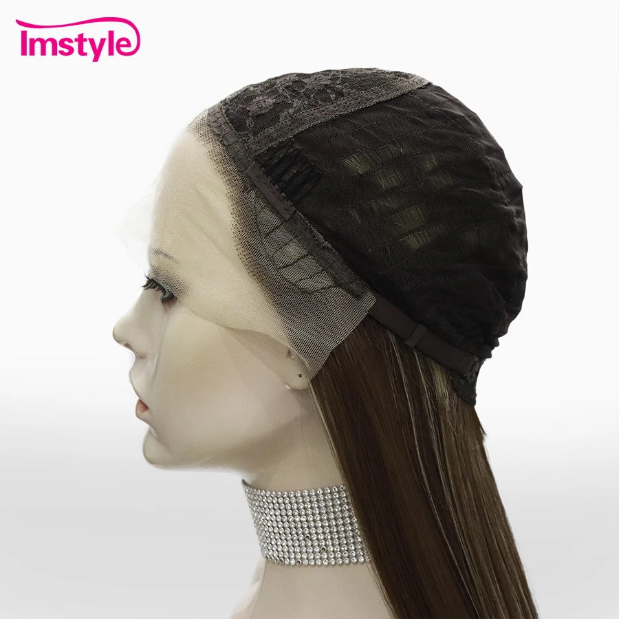 Imstyle Wig sintetis renda depan wanita, rambut palsu lurus bagian tengah untuk wanita tahan panas Bagian T renda depan