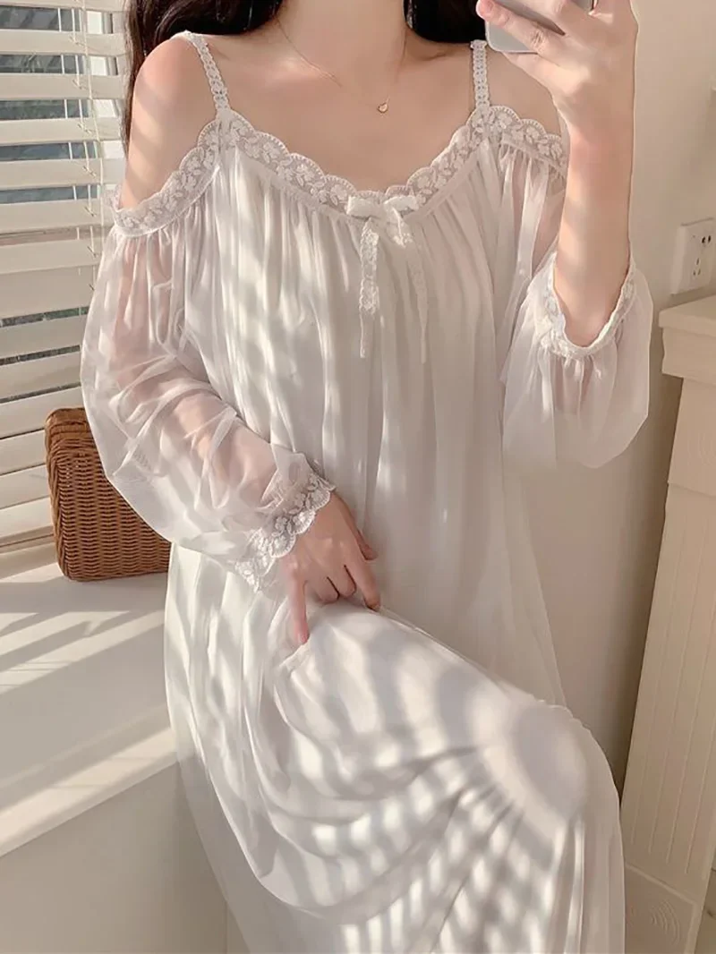 Korean Vintage Princess Lace Pajamas Sleepwear Women Spring Summer Fairy Ruffles Lolita Dress Victorian Sexy Nightgowns CY469