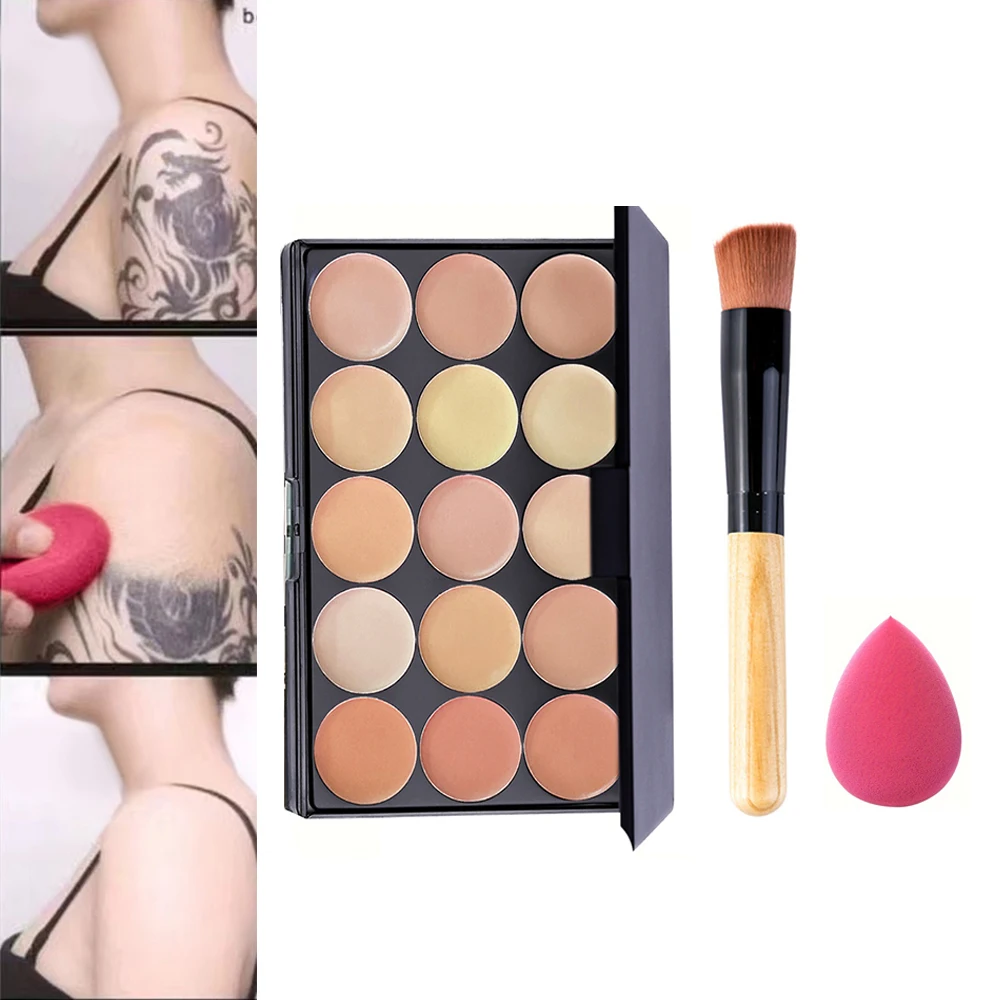 POPFEEL 15-Color Concealer Palette with Brush & Sponge, Full Coverage, Long-Lasting, 3 Shade Options for All Skin Tones
